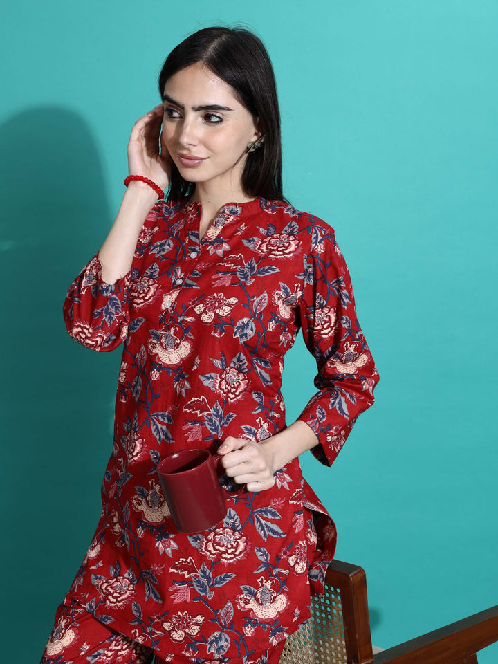 Ruby Red Floral Branded Cotton Co-ord Set for Women