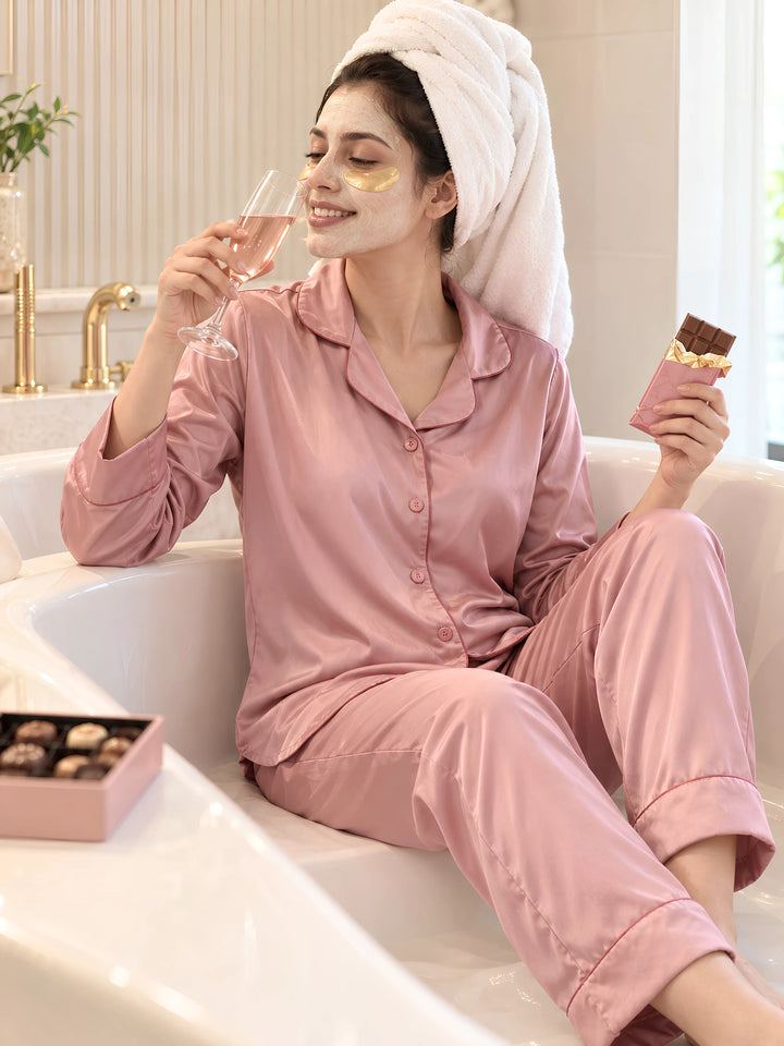 Coffee Nude Satin Long Sleeve Loungewear And Night Suit Set with Minimal Finish