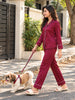 Royal Maroon Satin Long Sleeve Night Suit Set with Rich Finish
