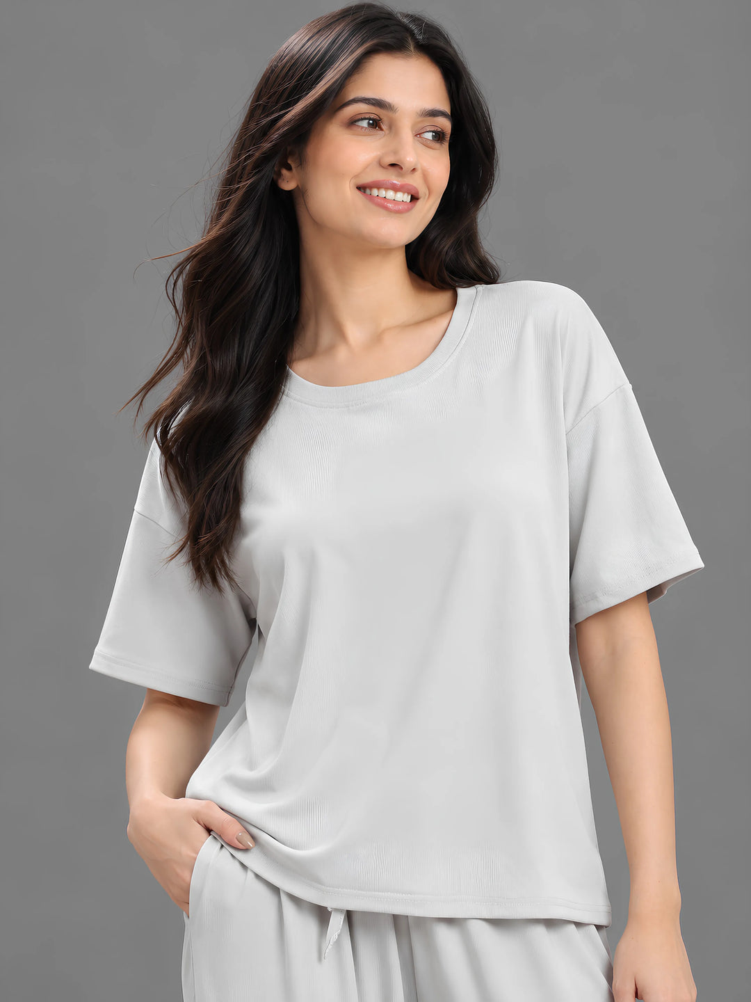 Pearl Grey Solid Micro Rib Pyjama Set for Women