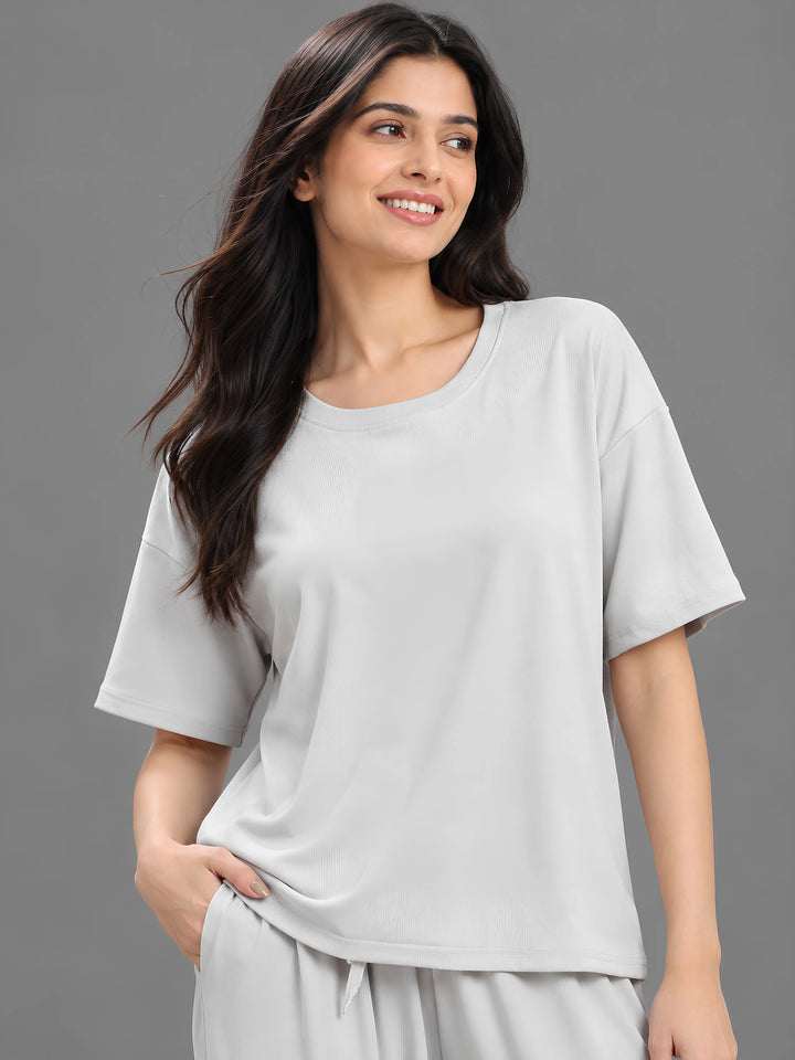 Pearl Grey Solid Micro Rib Pyjama Set for Women