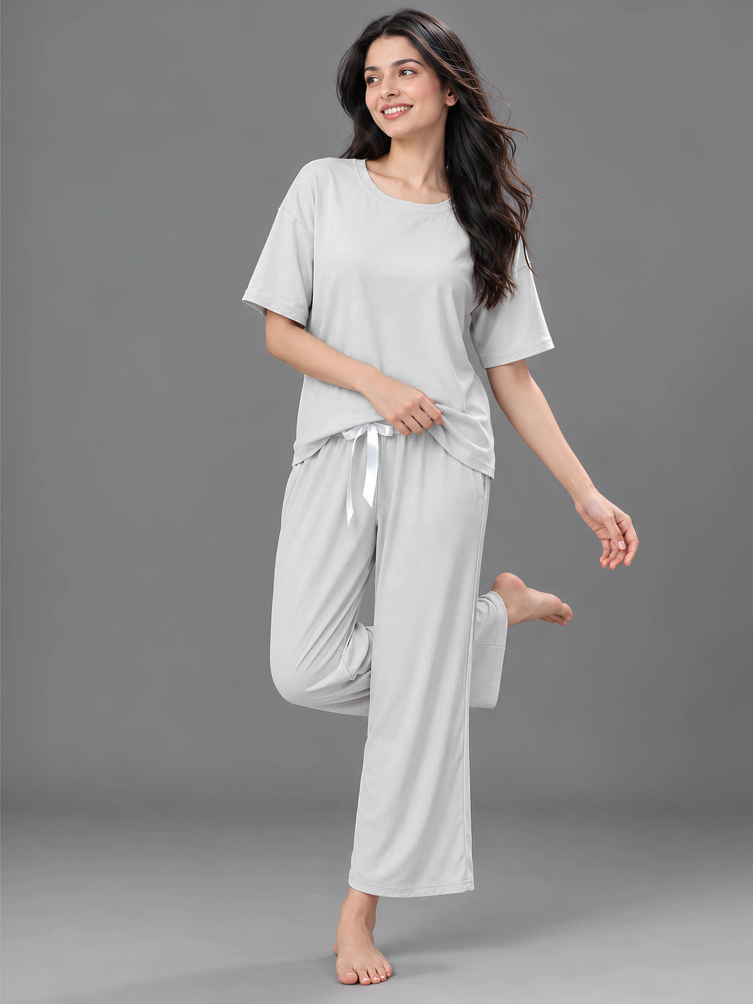 Pearl Grey Solid Micro Rib Pyjama Set for Women