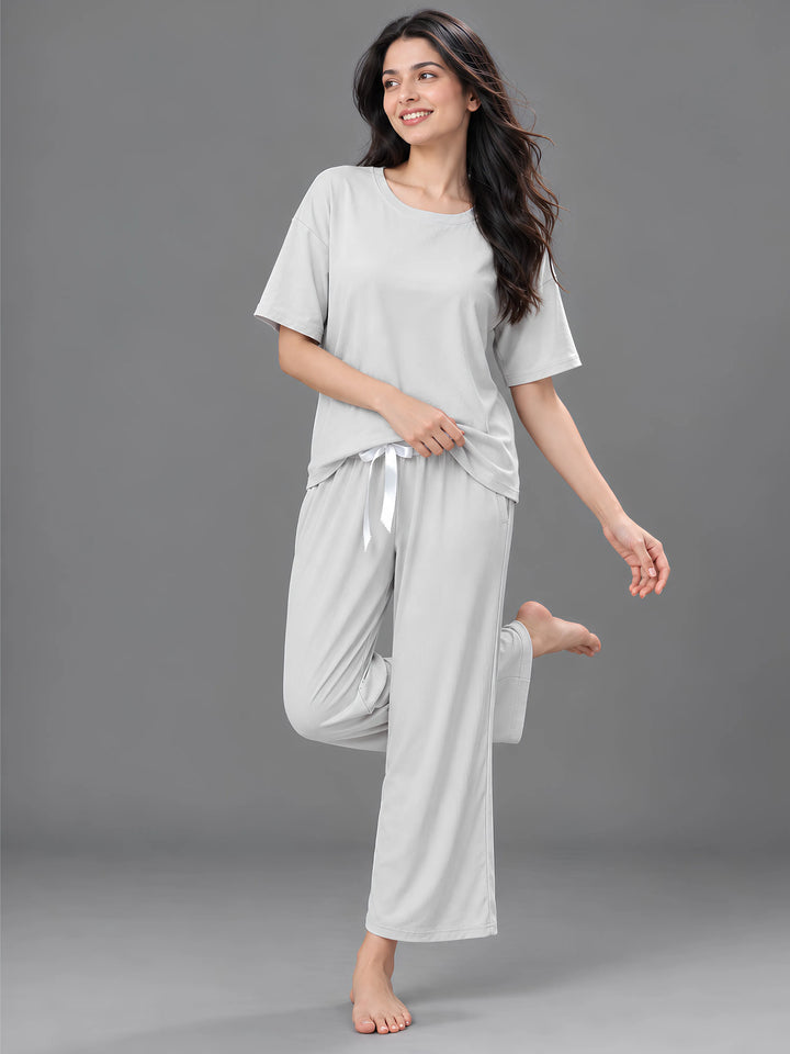 Pearl Grey Solid Micro Rib Pyjama Set for Women