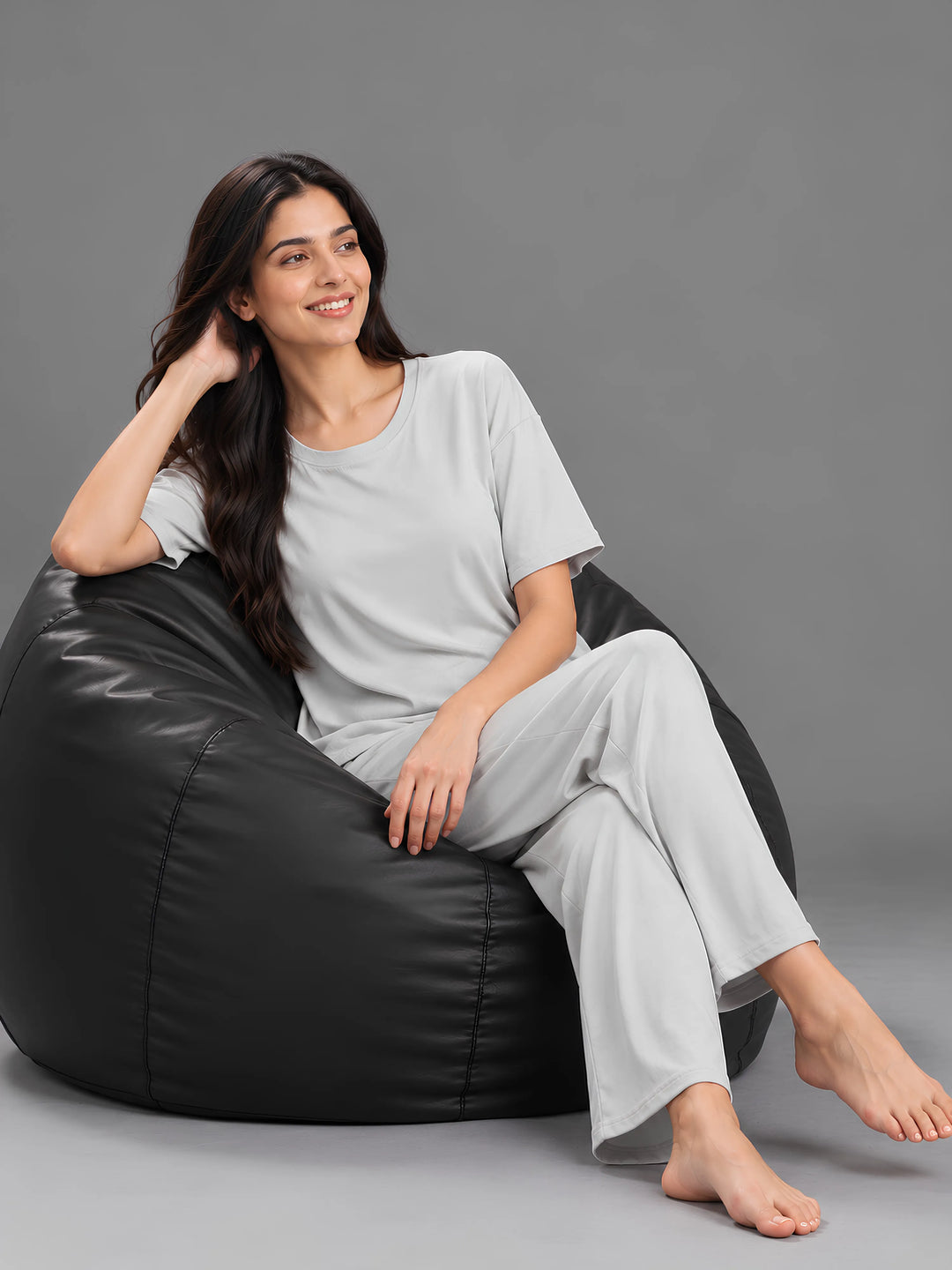 Pearl Grey Solid Micro Rib Pyjama Set for Women