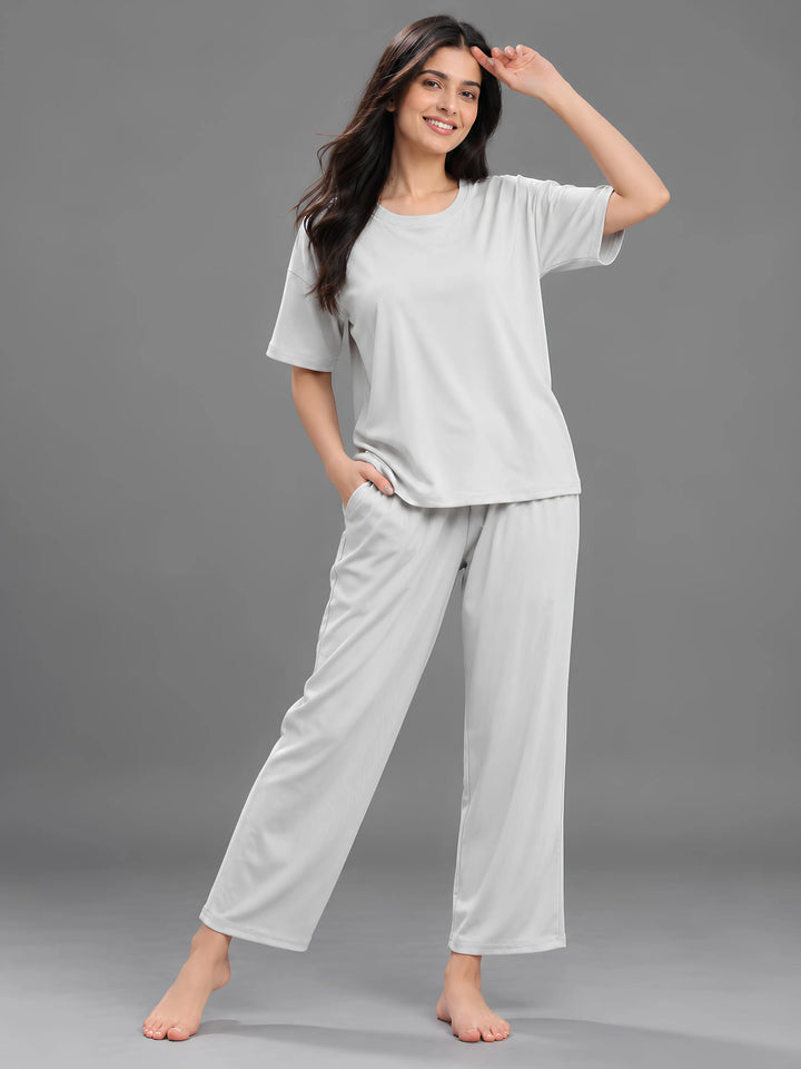 Pearl Grey Solid Micro Rib Pyjama Set for Women