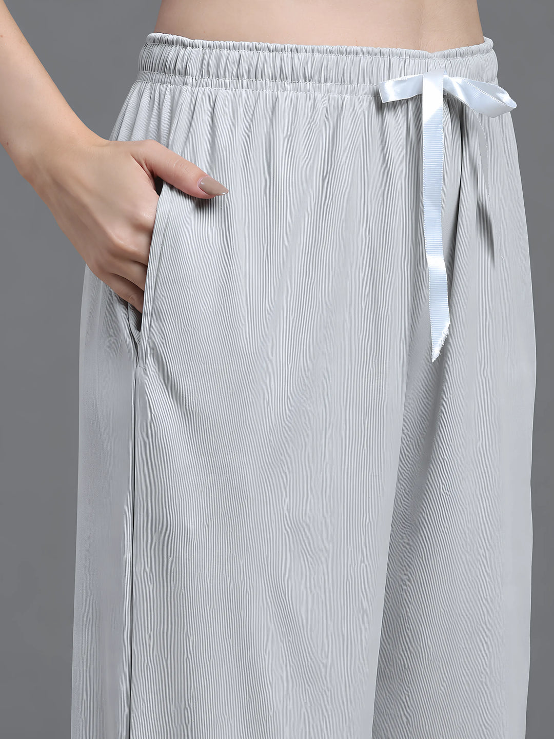 Pearl Grey Solid Micro Rib Pyjama Set for Women