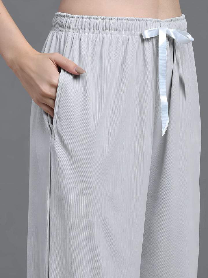 Pearl Grey Solid Micro Rib Pyjama Set for Women