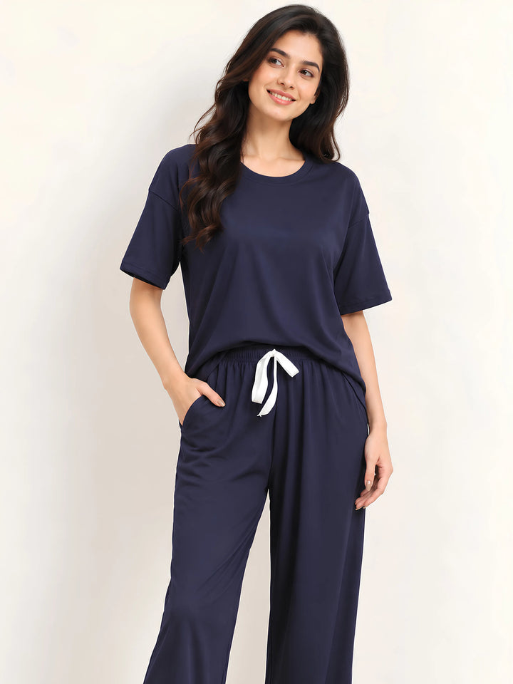 Blue Aura Solid Micro Rib Pyjama Set for Women
