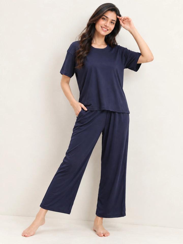 Blue Aura Solid Micro Rib Pyjama Set for Women