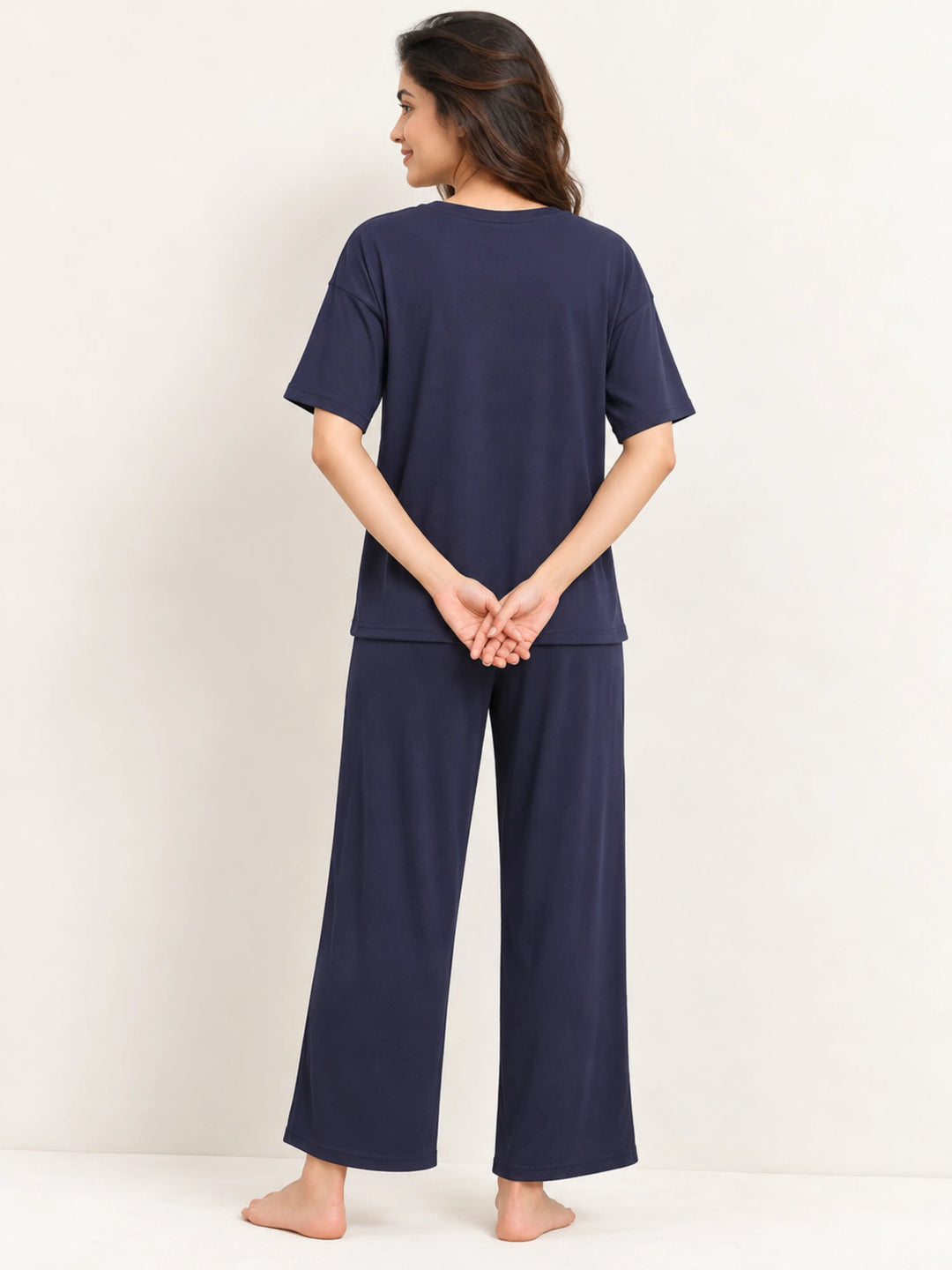 Blue Aura Solid Micro Rib Pyjama Set for Women