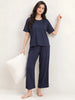 Blue Aura Solid Micro Rib Pyjama Set for Women