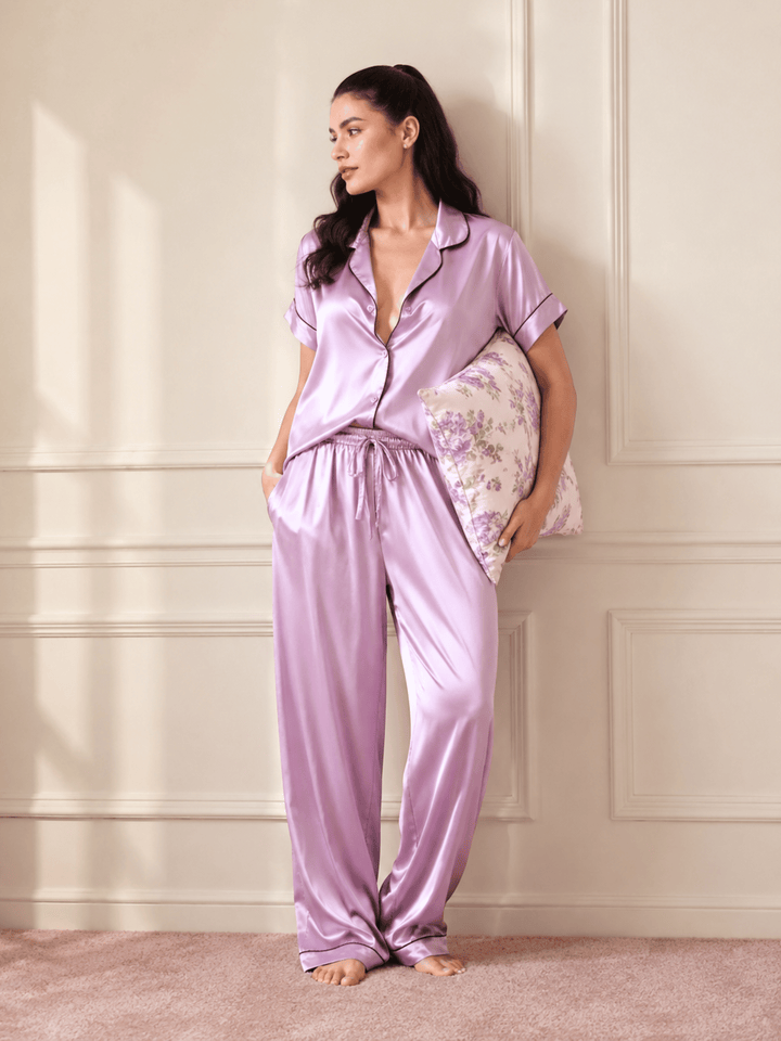 Lilac Satin Pajama Set for Women Elegant Lounge Wear
