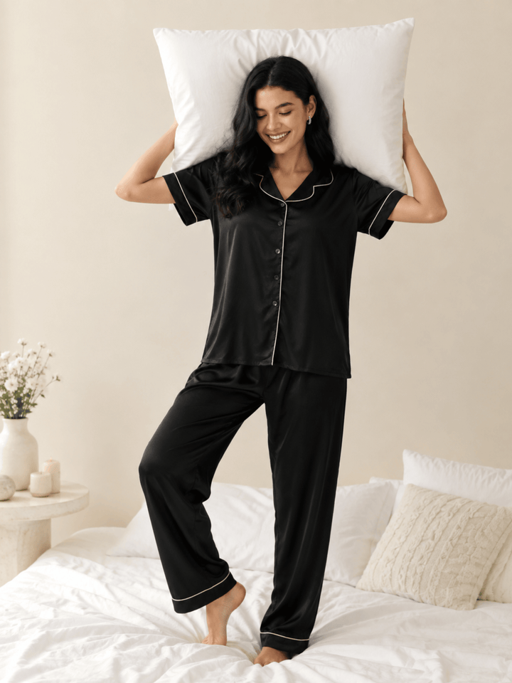 Black Satin Pyjama Set for Women
