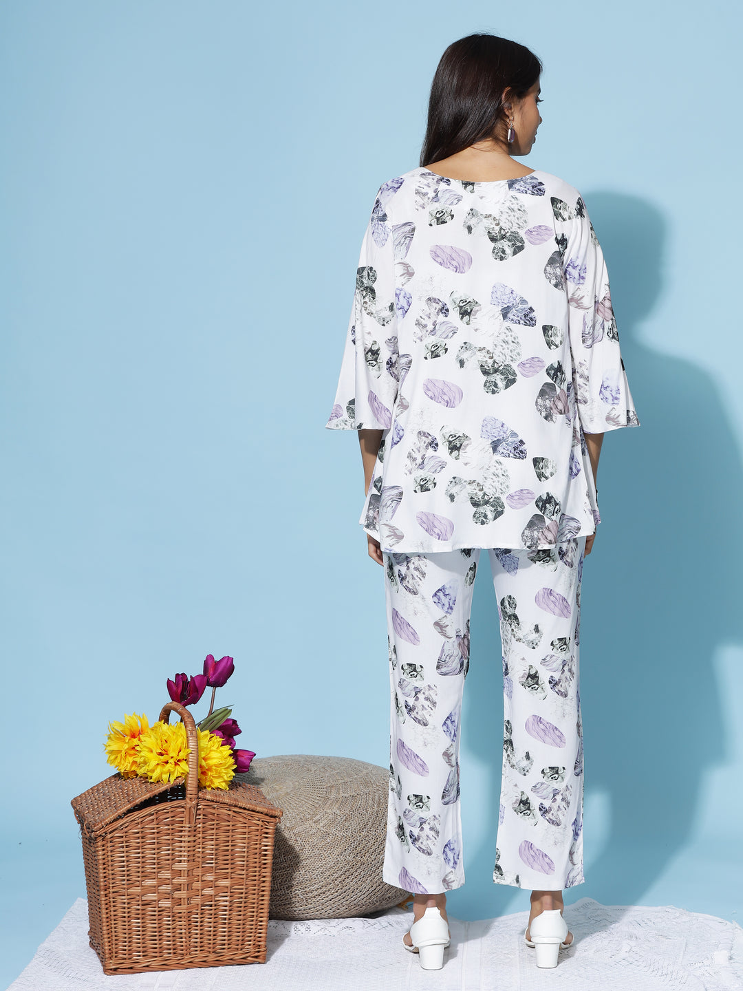 Lilac Shell White Printed Coord Set for Women with Shrug