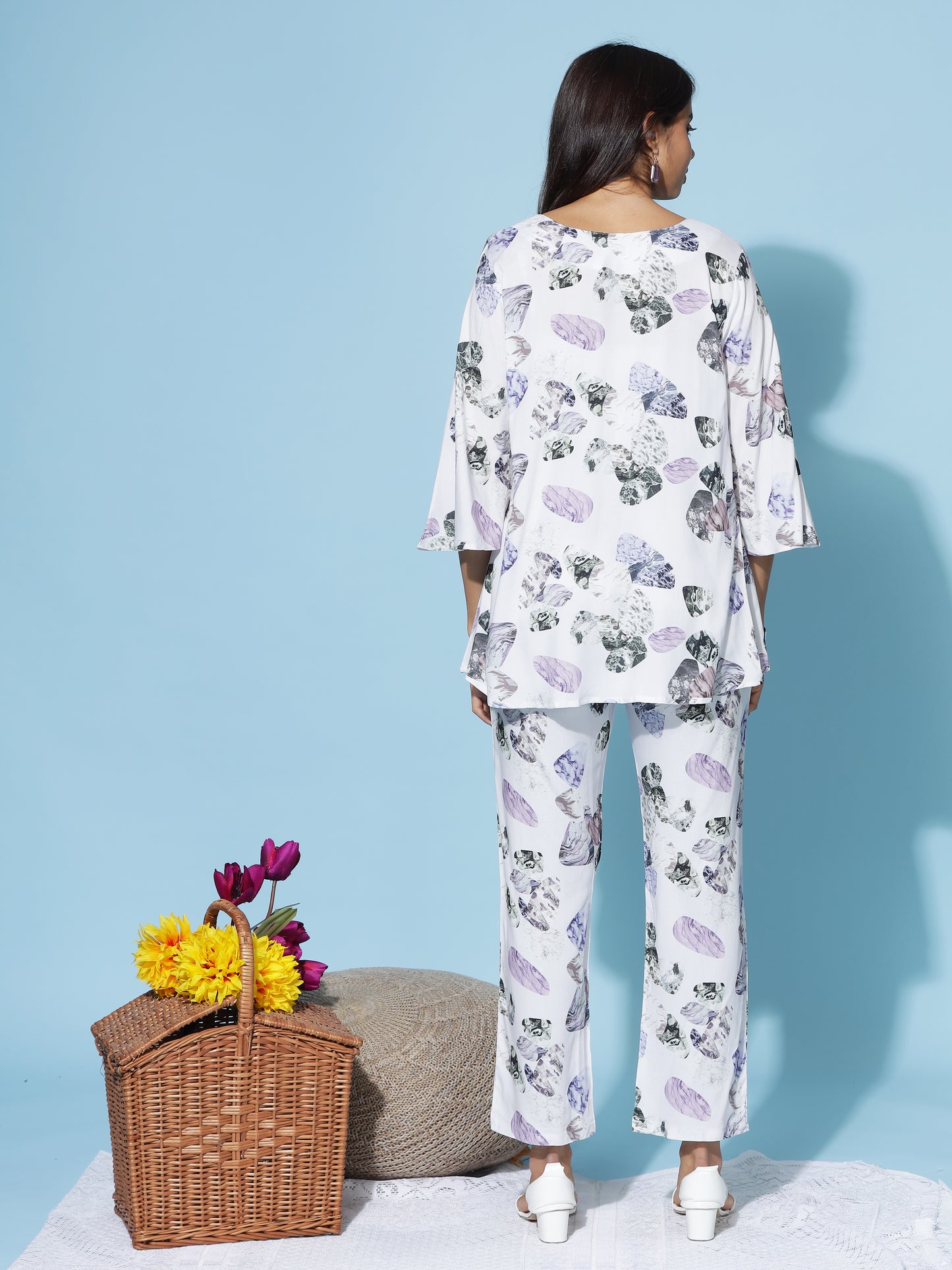 Lilac Shell White Printed Coord Set for Women with Shrug