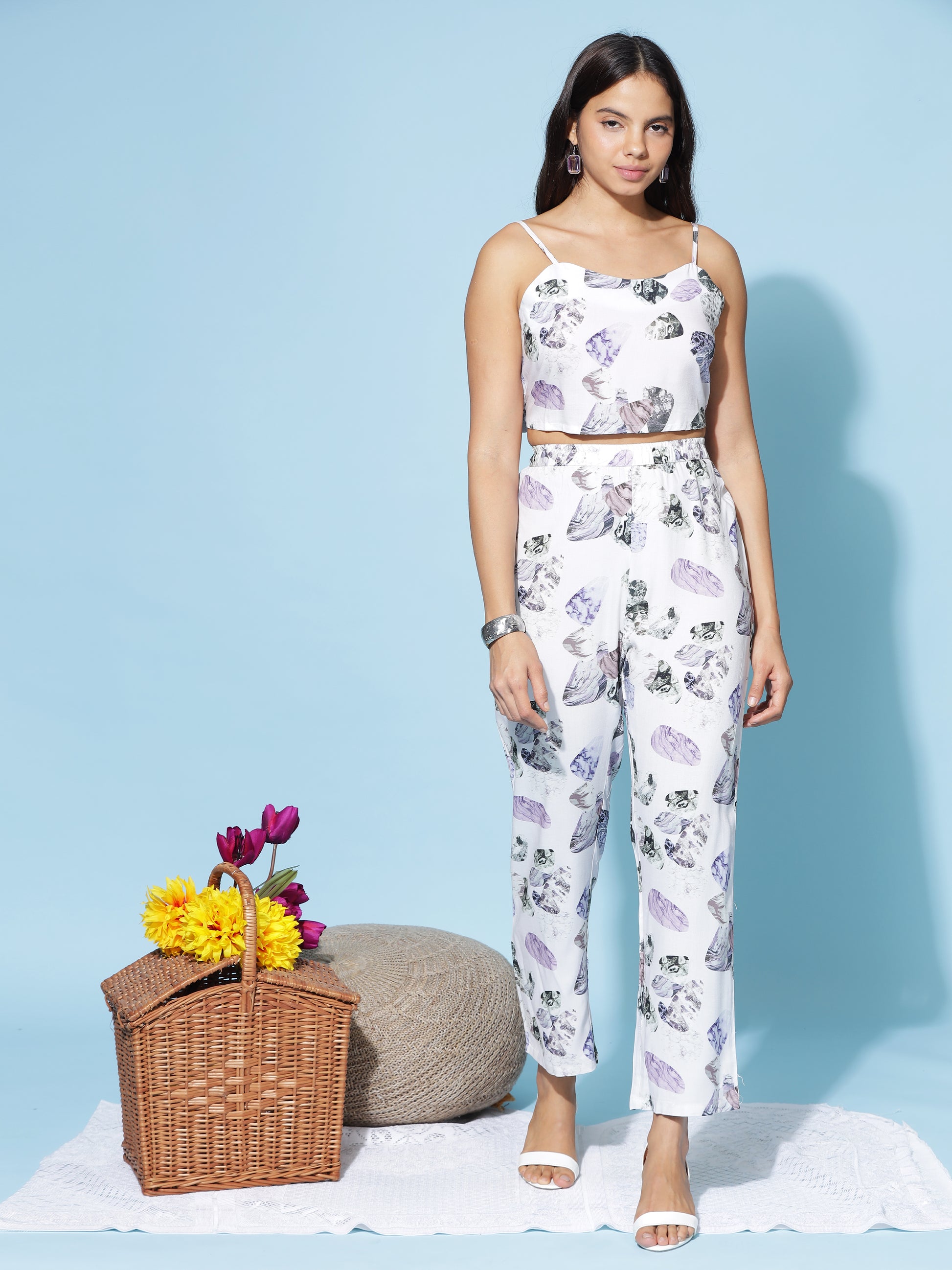 Lilac Shell White Printed Coord Set for Women with Shrug