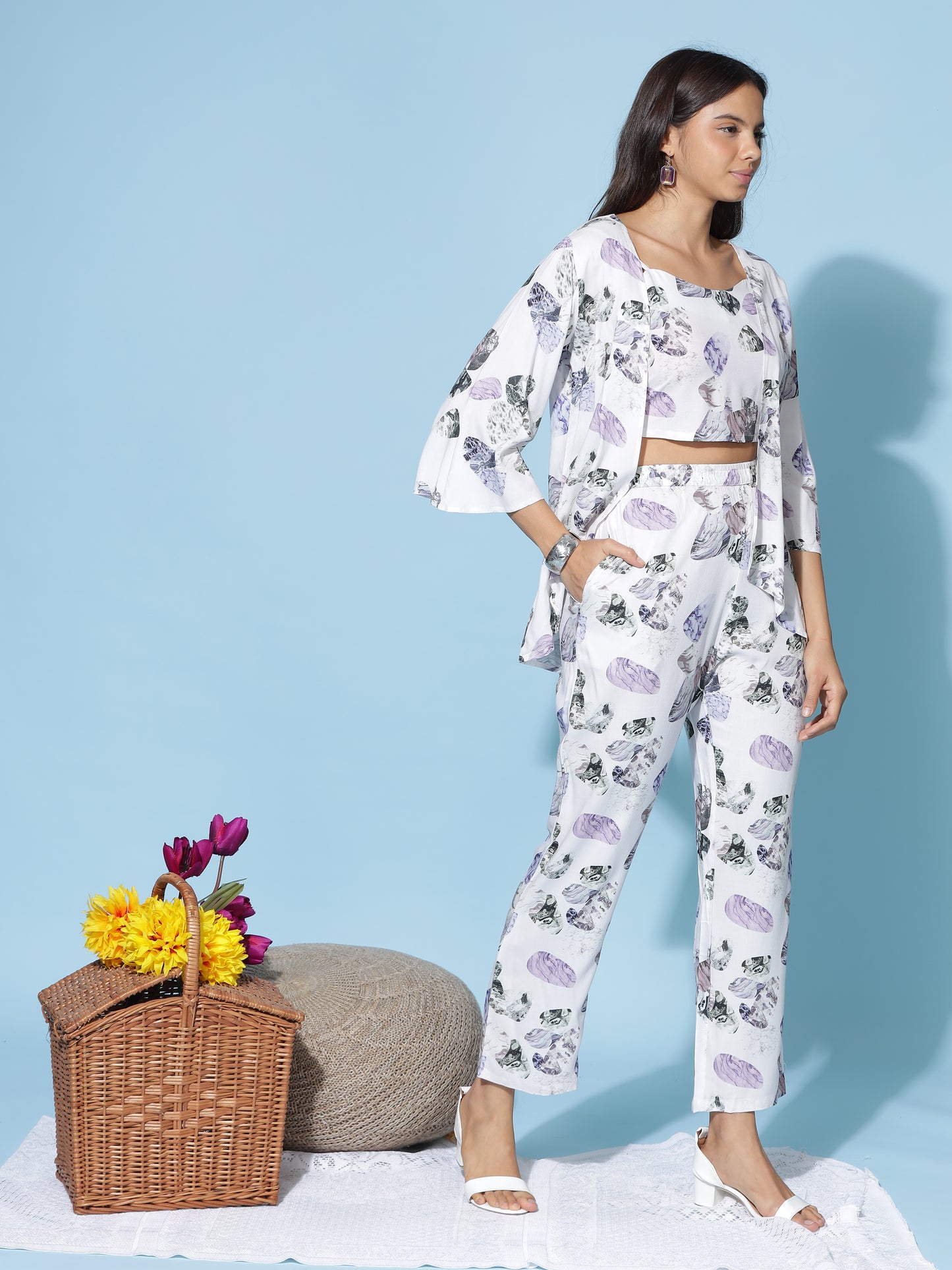 Lilac Shell White Printed Coord Set for Women with Shrug