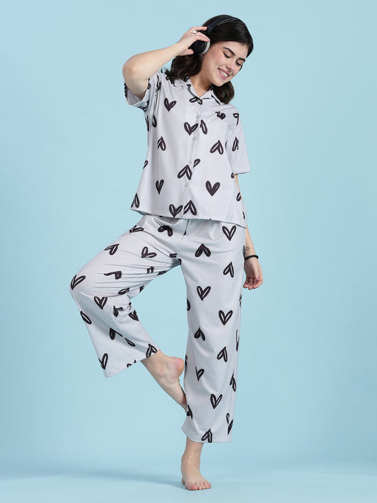 Snowy Heart Premium Lycra Loungewear Set For Women