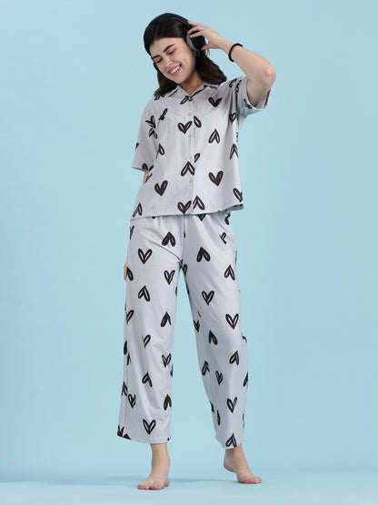 Snowy Heart Premium Lycra Loungewear Set For Women
