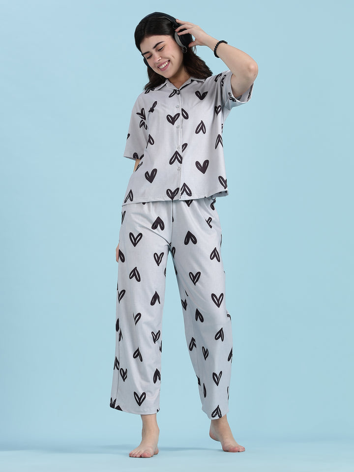 Snowy Heart Premium Lycra Loungewear Set For Women