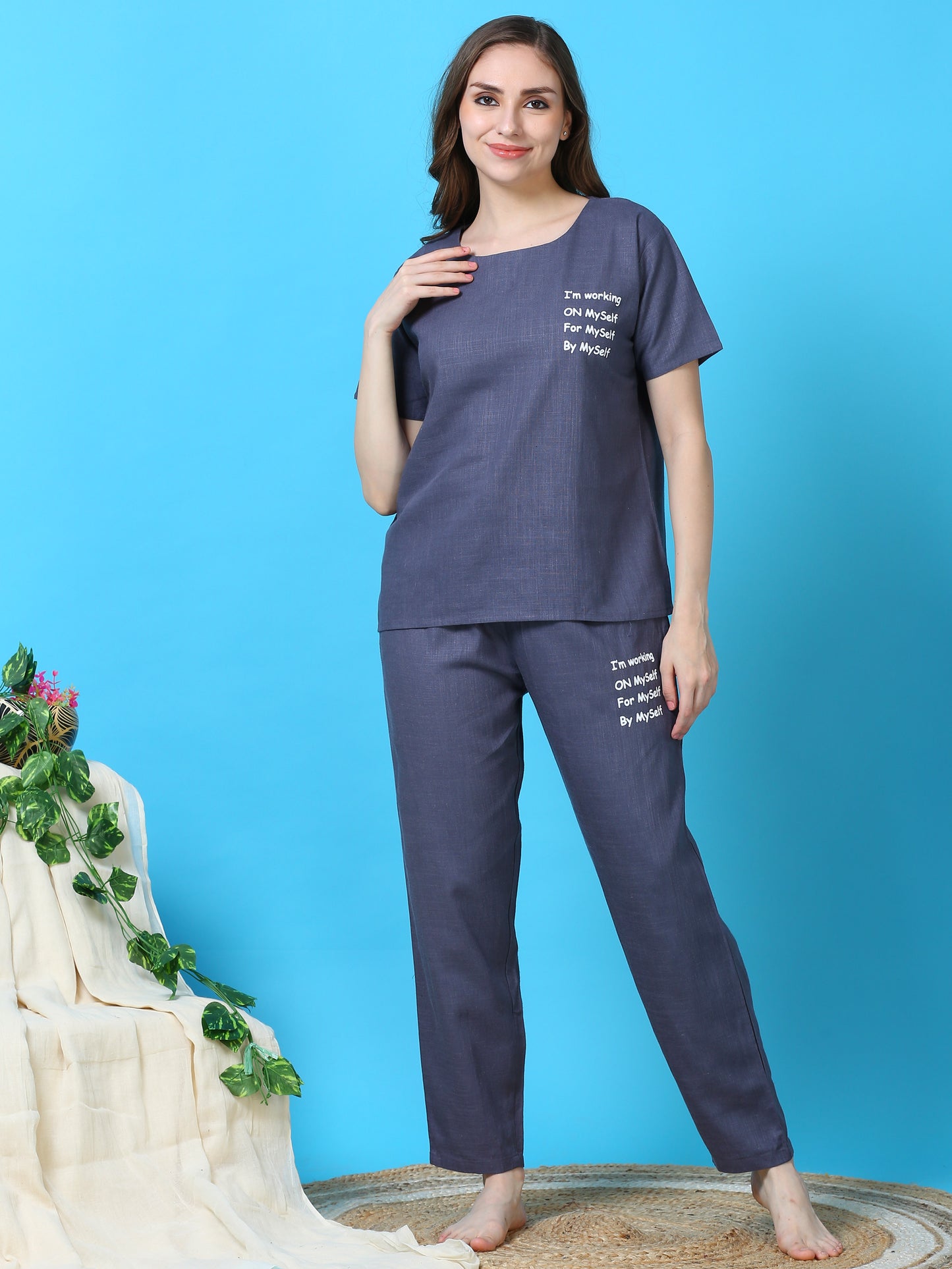 Storm Blue Premium Linen Round Neck Night Suit Set For Women