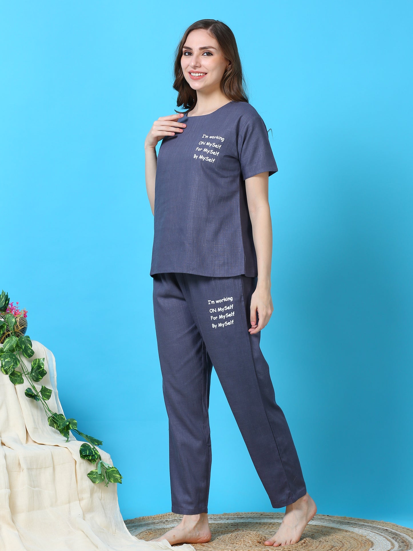 Storm Blue Premium Linen Round Neck Night Suit Set For Women