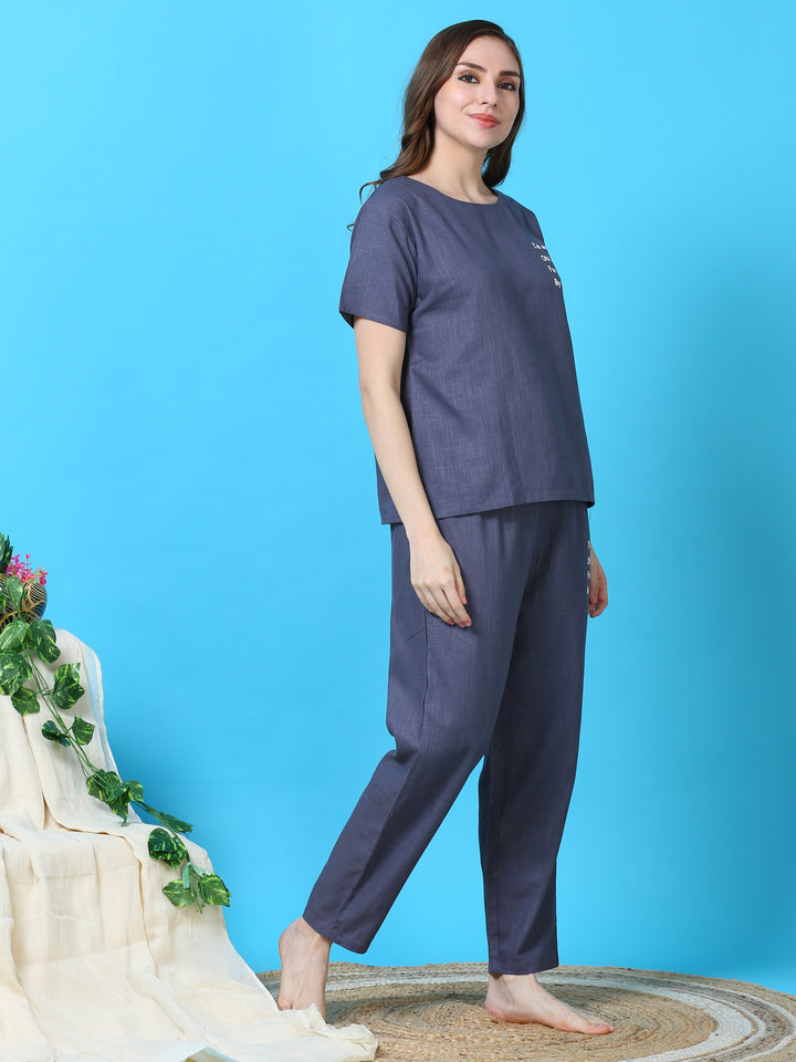 Storm Blue Premium Linen Round Neck Night Suit Set For Women
