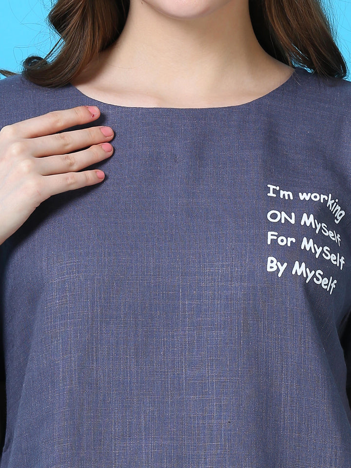 Storm Blue Premium Linen Round Neck Night Suit Set For Women