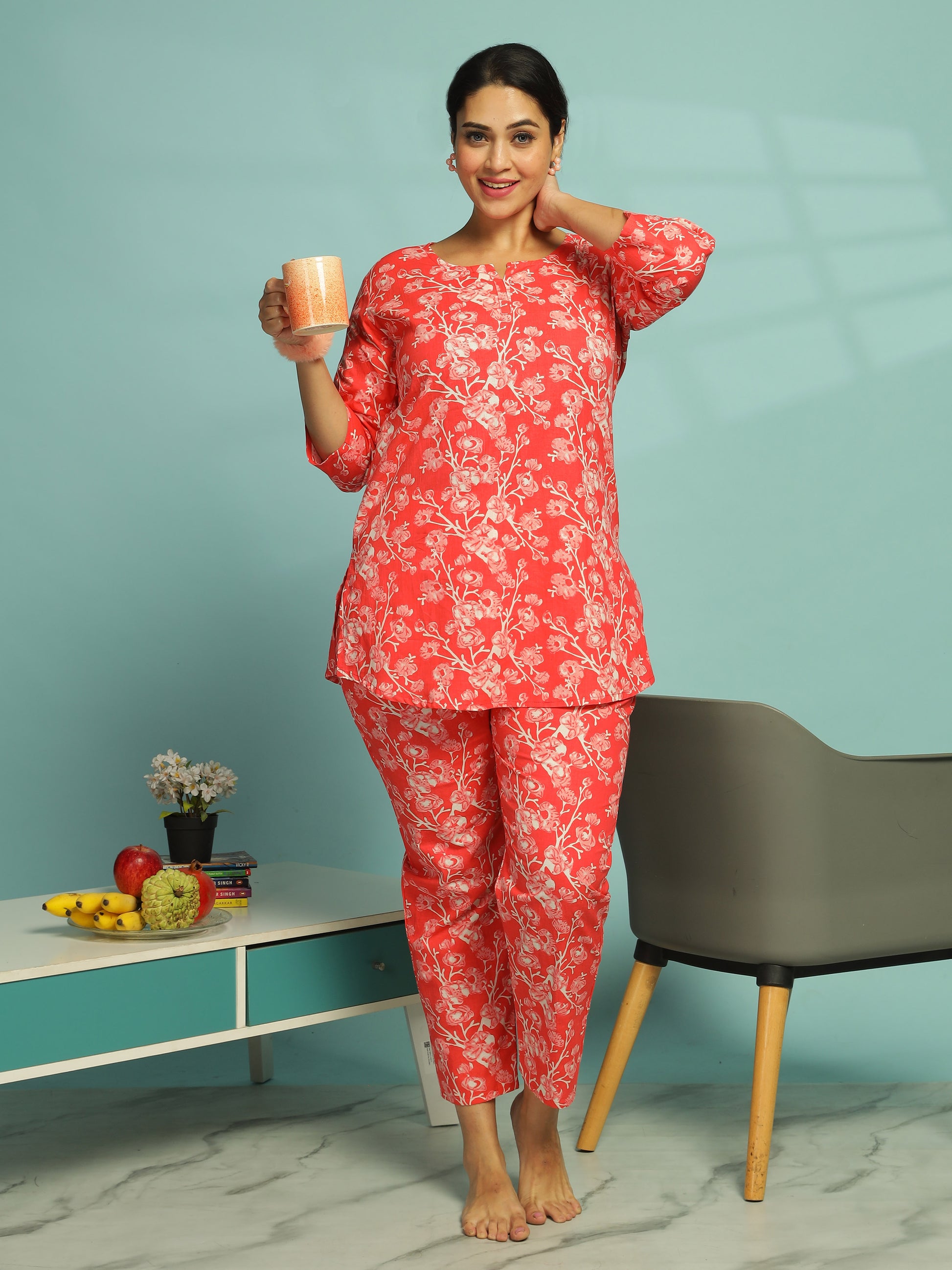 Sunset Red Pure Cotton Coord Set For Women