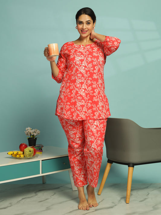 Sunset Red Pure Cotton Coord Set For Women
