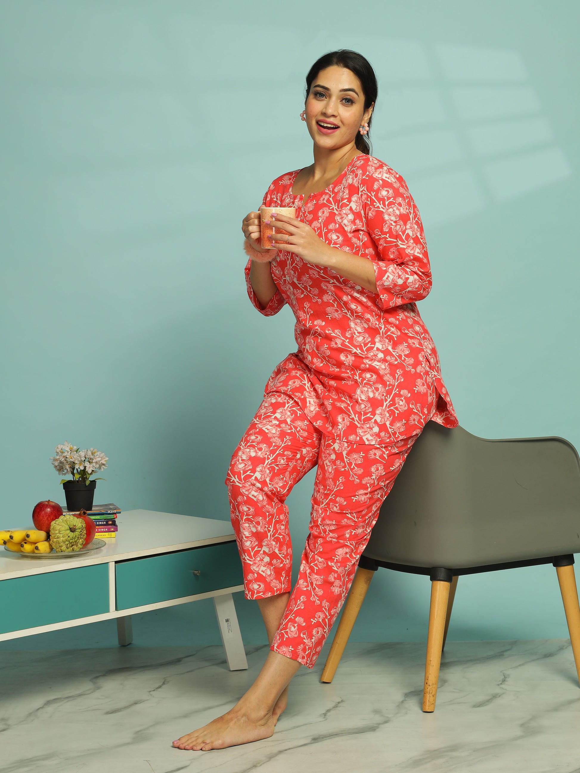 Sunset Red Pure Cotton Coord Set For Women