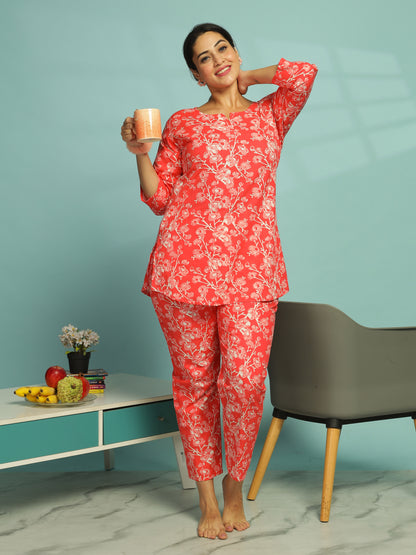 Sunset Red Pure Cotton Coord Set For Women