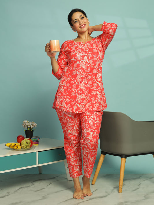 Sunset Red Pure Cotton Coord Set For Women