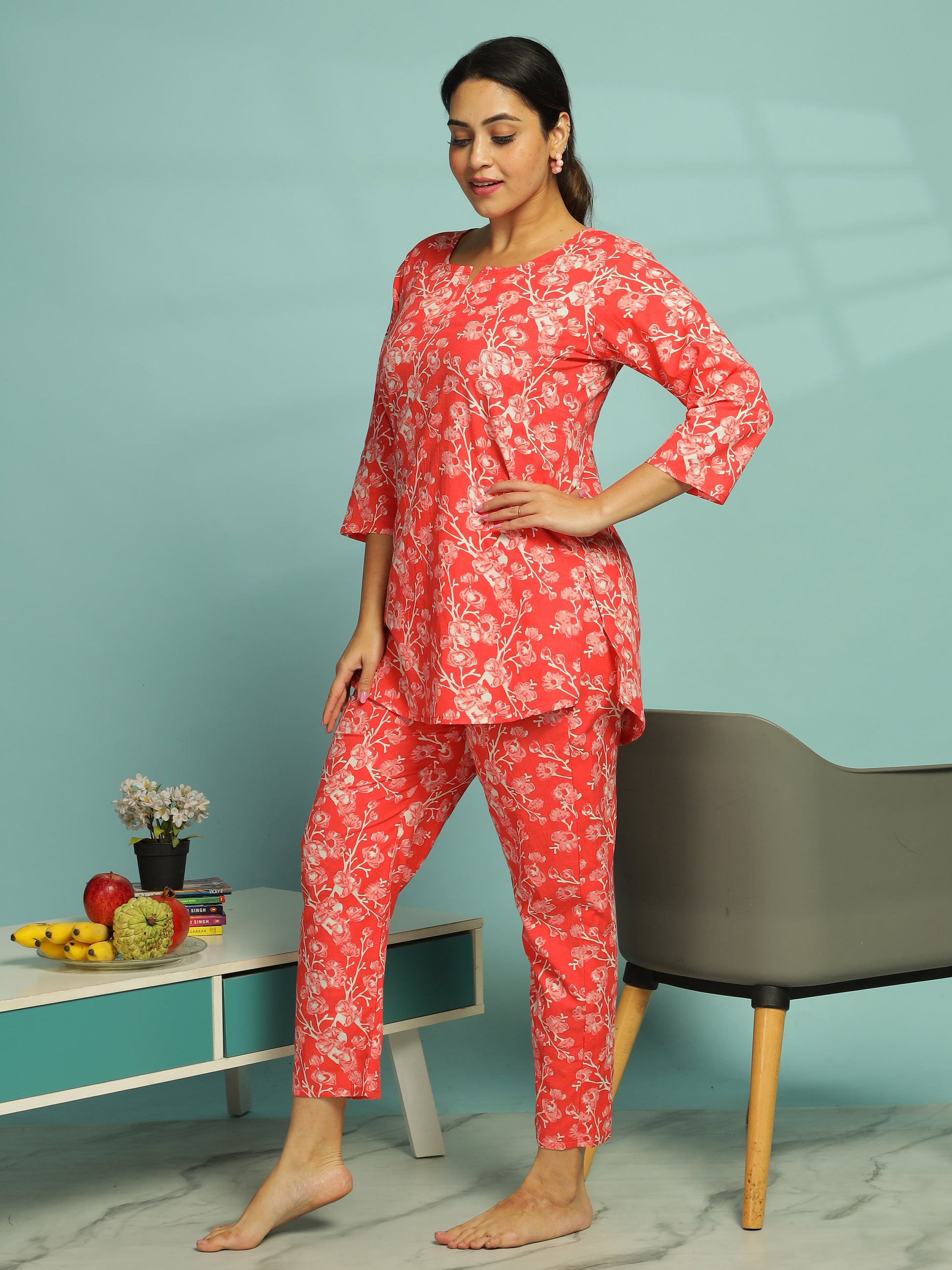 Sunset Red Pure Cotton Coord Set For Women