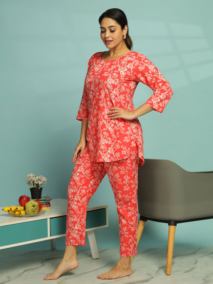 Sunset Red Pure Cotton Coord Set For Women