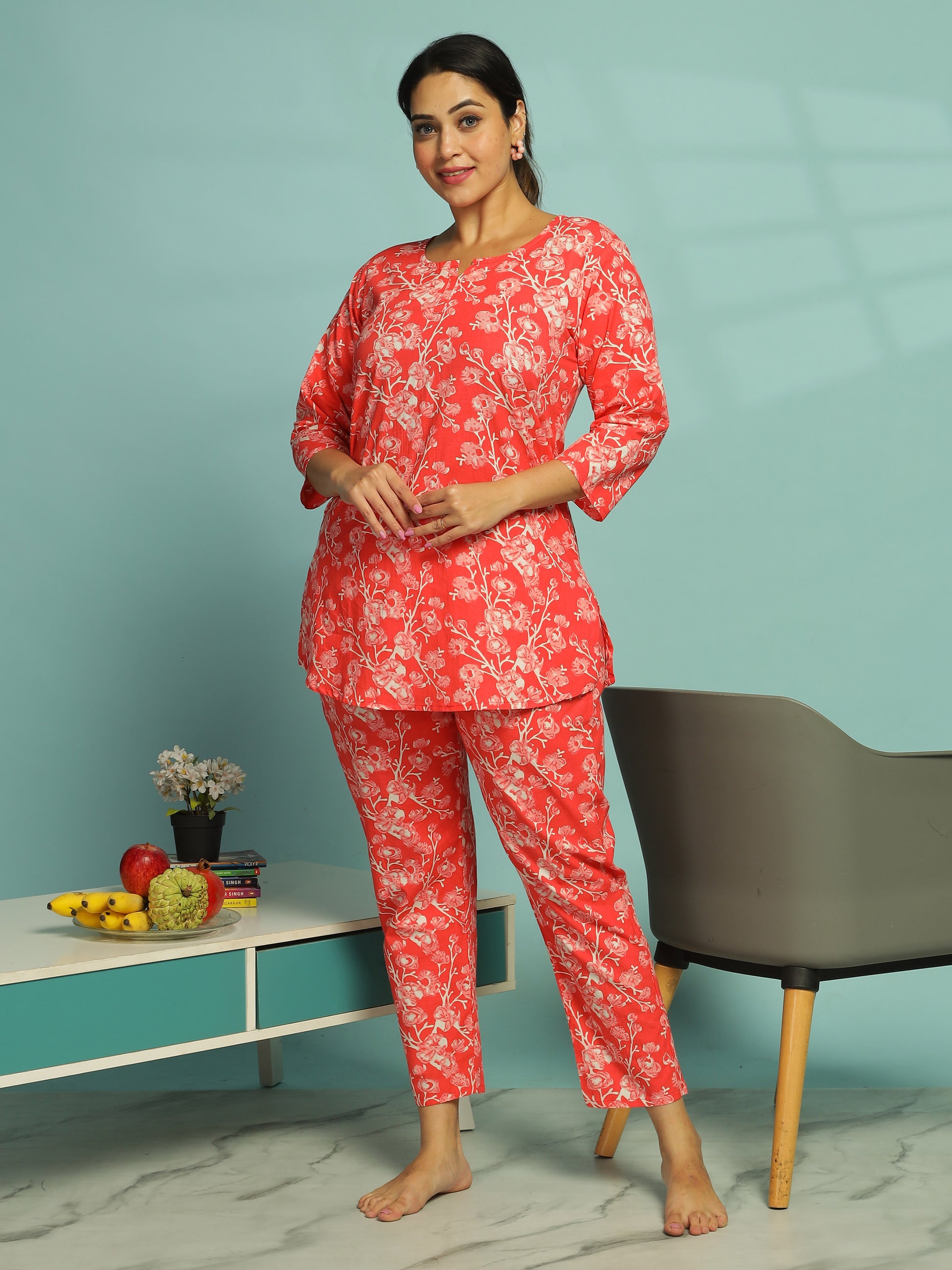 Sunset Red Pure Cotton Coord Set For Women