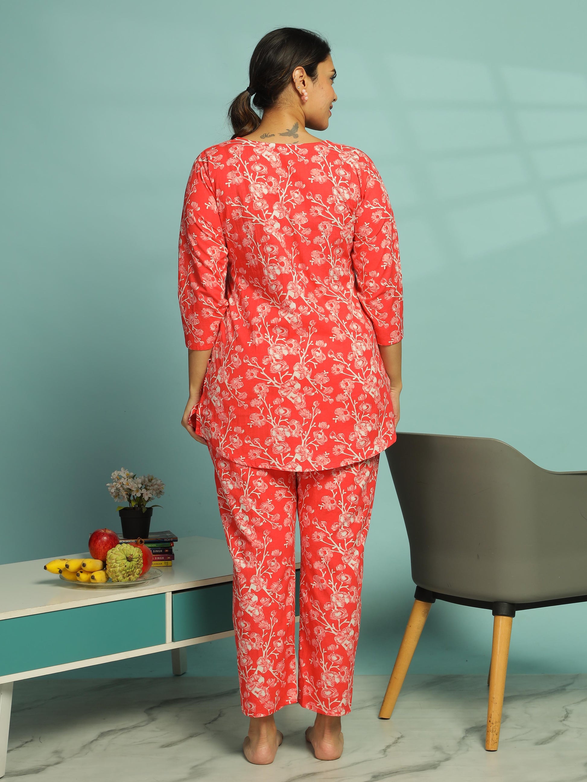 Sunset Red Pure Cotton Coord Set For Women