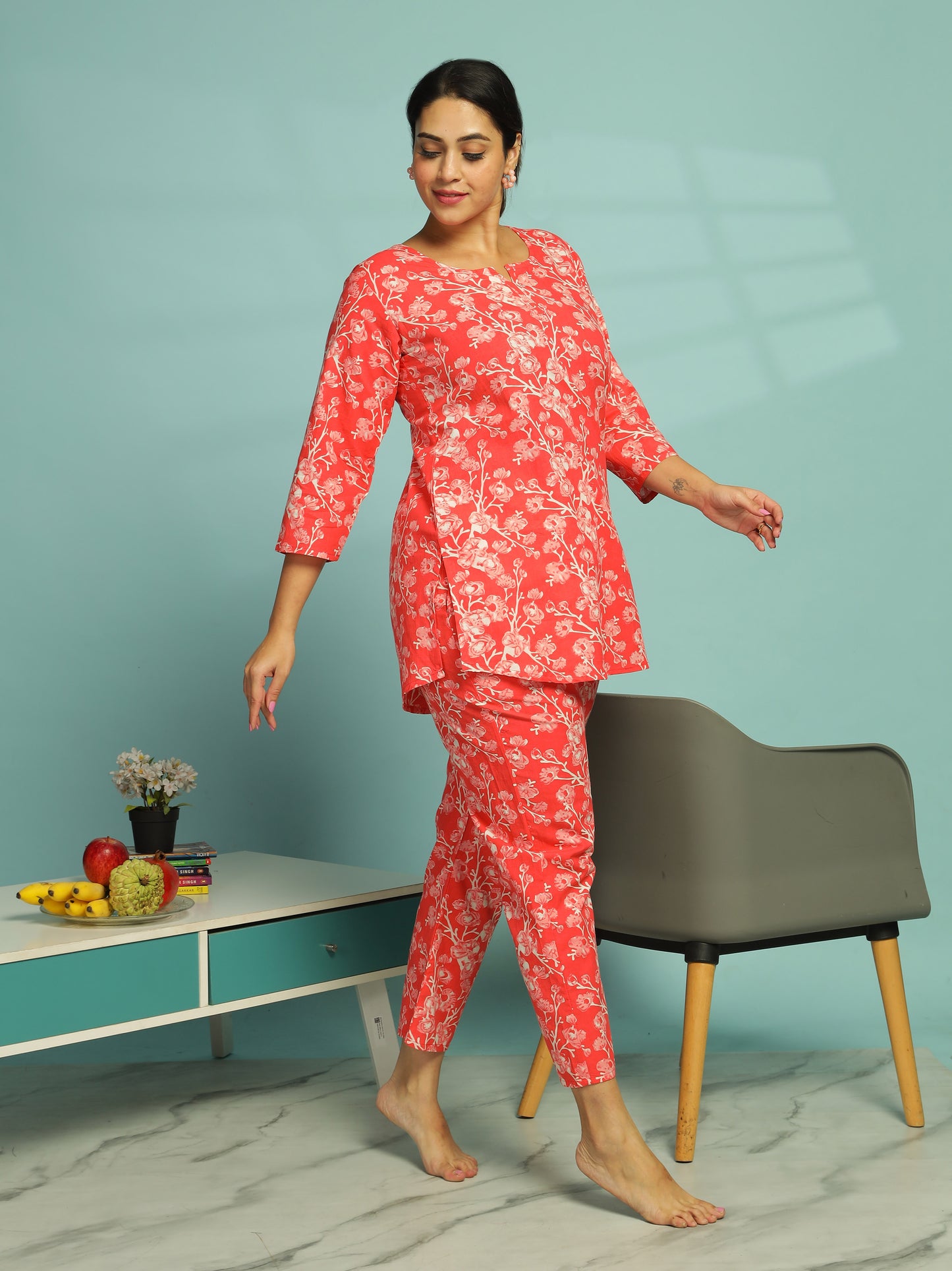 Sunset Red Pure Cotton Coord Set For Women