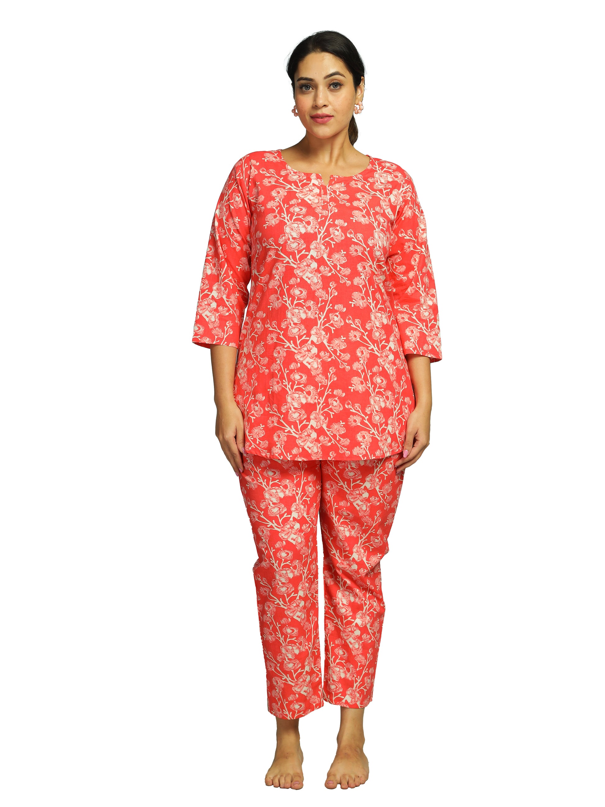 Sunset Red Pure Cotton Coord Set For Women