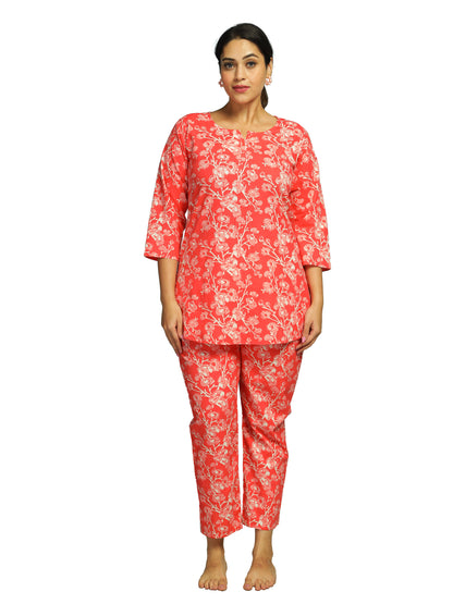 Sunset Red Pure Cotton Coord Set For Women