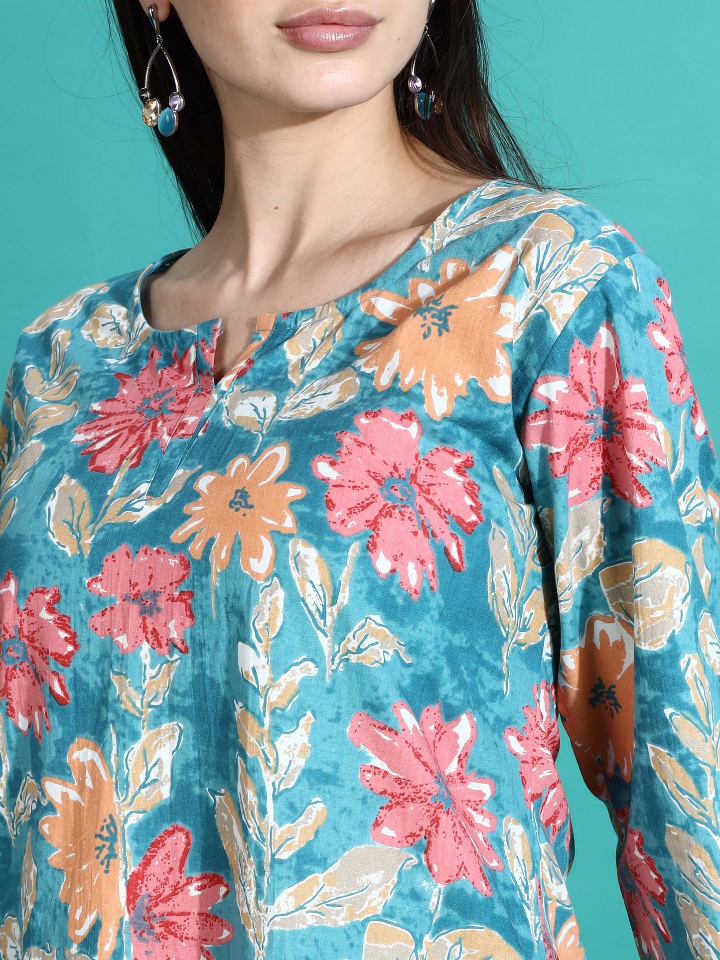 Teal Orange Printed Cotton Women’s Pajama Set