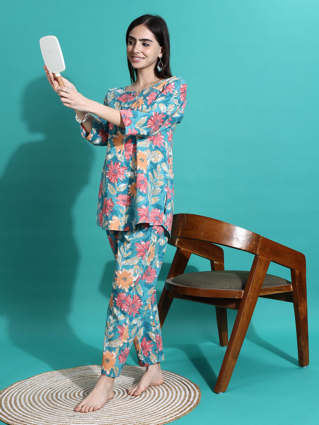Teal Orange Printed Cotton Women’s Pajama Set