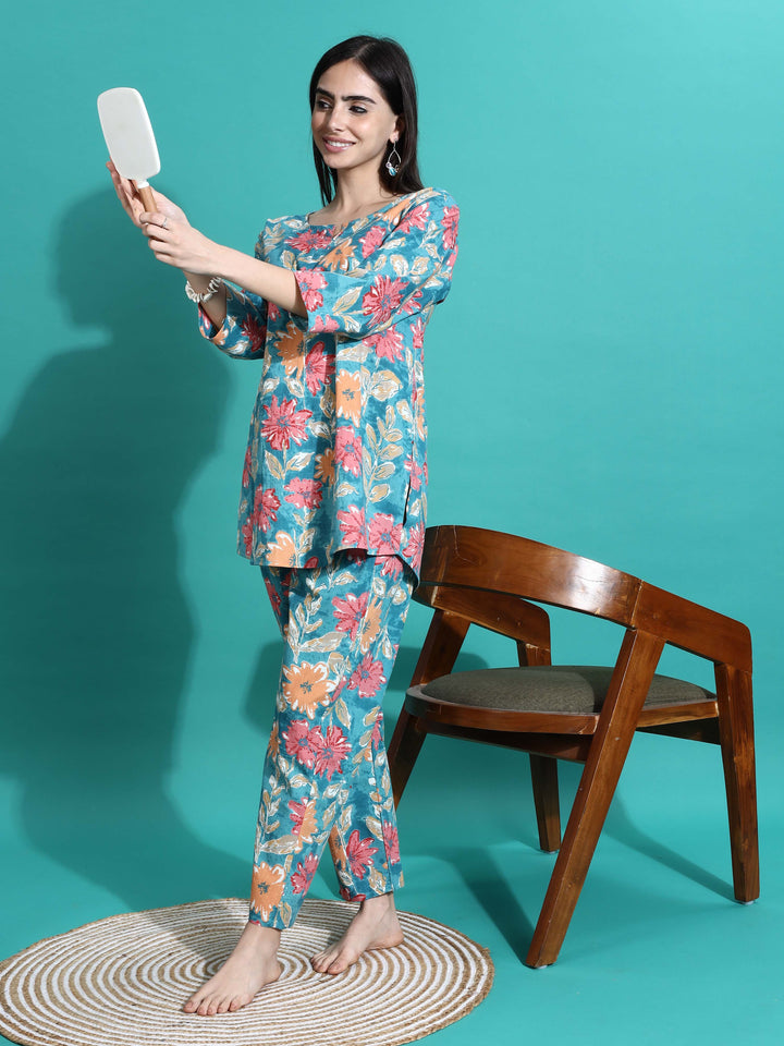 Teal Orange Printed Cotton Women’s Pajama Set