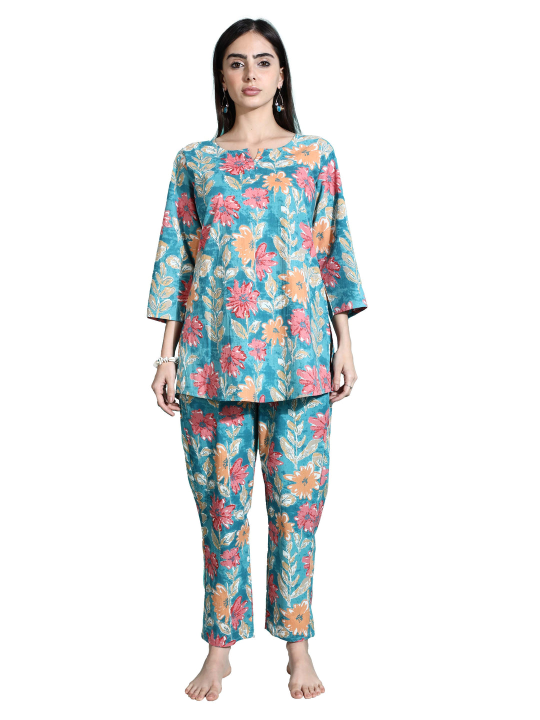 Teal Orange Printed Cotton Women’s Pajama Set