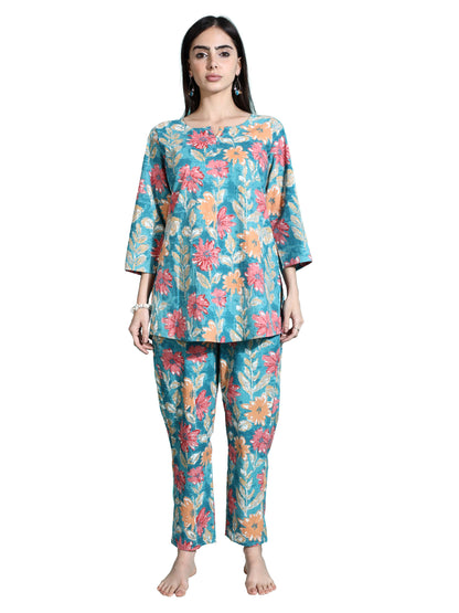 Teal Orange Printed Cotton Women’s Pajama Set