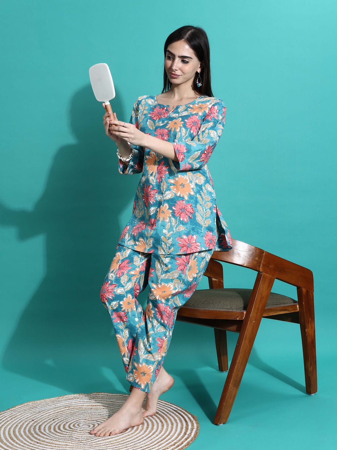 Teal Orange Printed Cotton Women’s Pajama Set