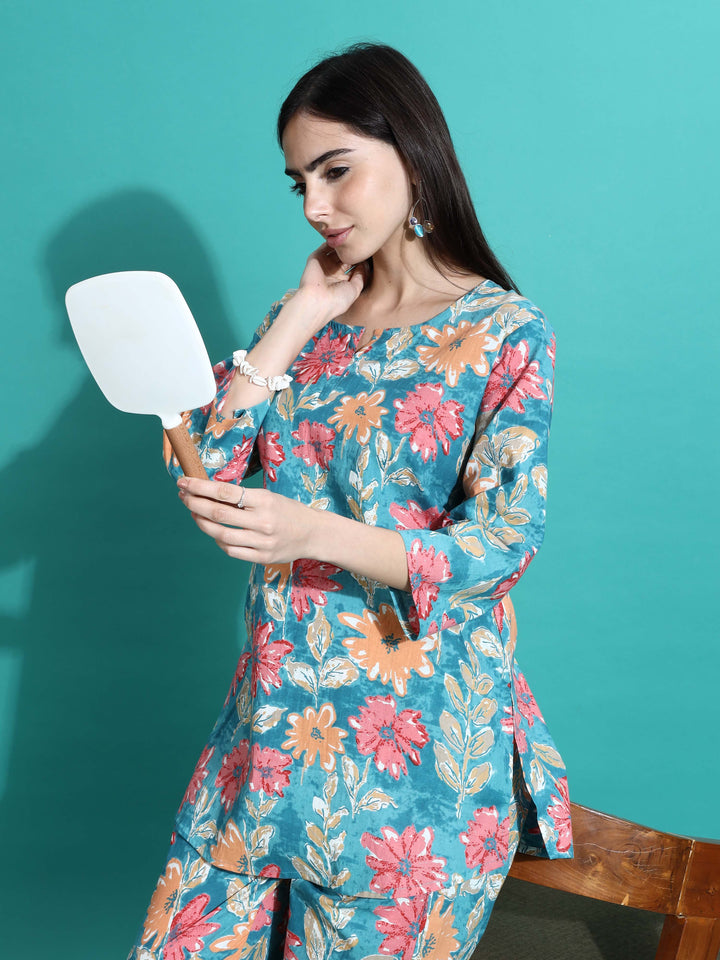 Teal Orange Printed Cotton Women’s Pajama Set