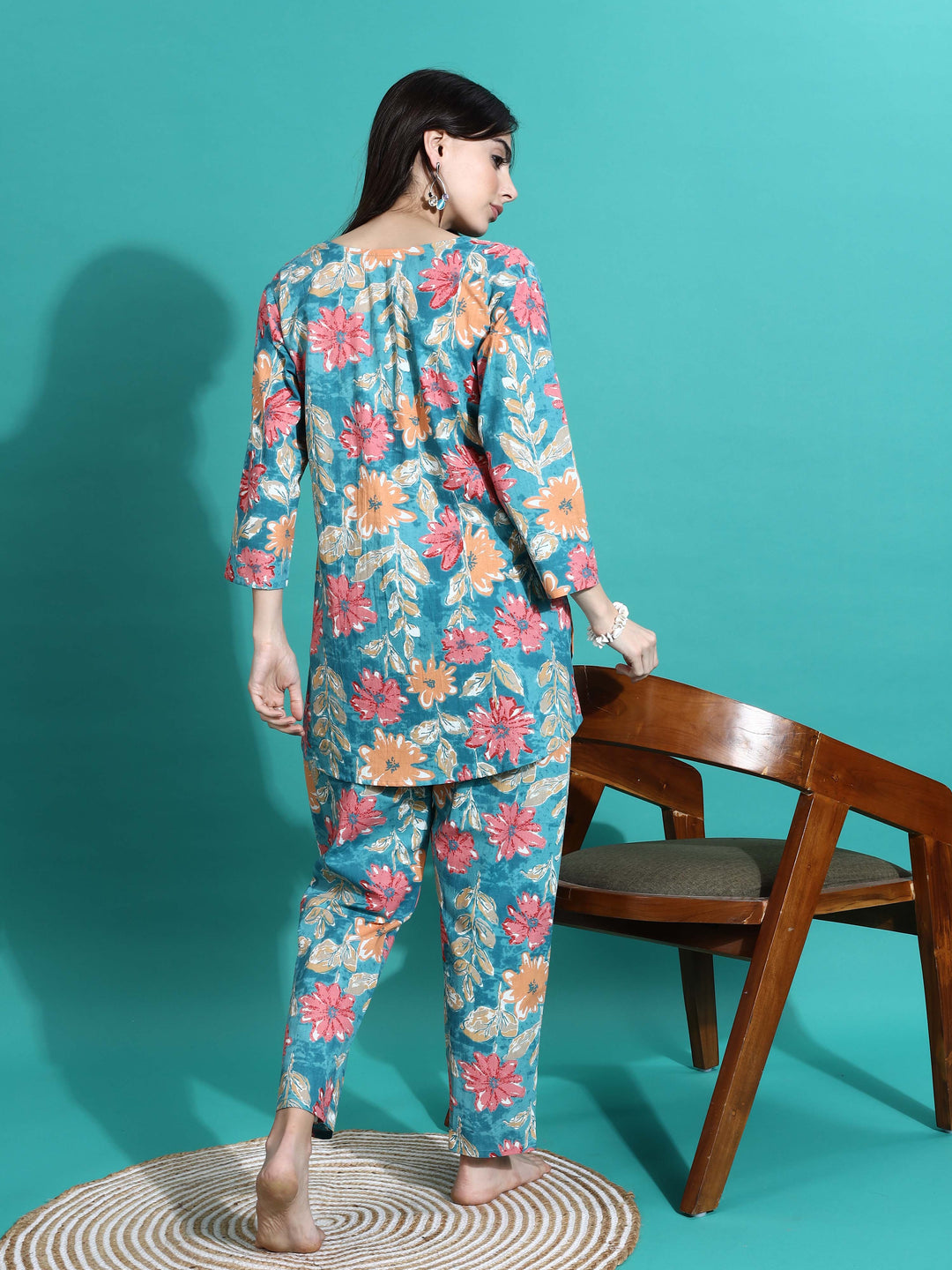 Teal Orange Printed Cotton Women’s Pajama Set