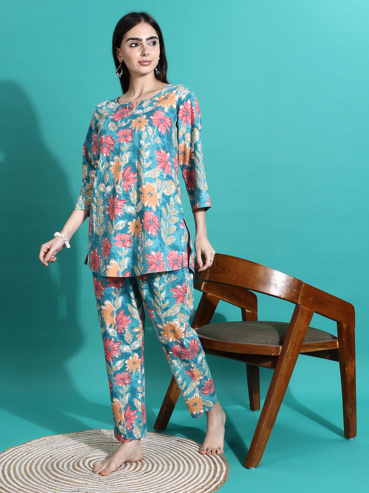 Teal Orange Printed Cotton Women’s Pajama Set