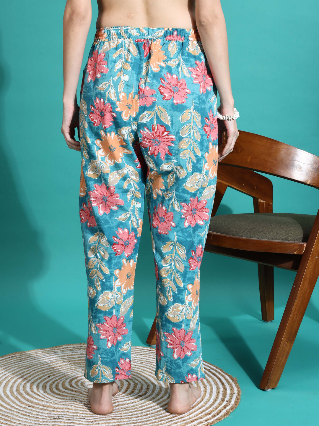 Teal Orange Printed Cotton Women’s Pajama Set